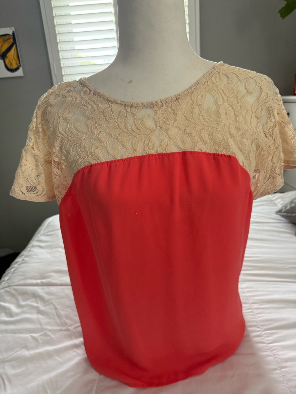 Maeve Coral Chiffon Top with Cream Lace Yoke